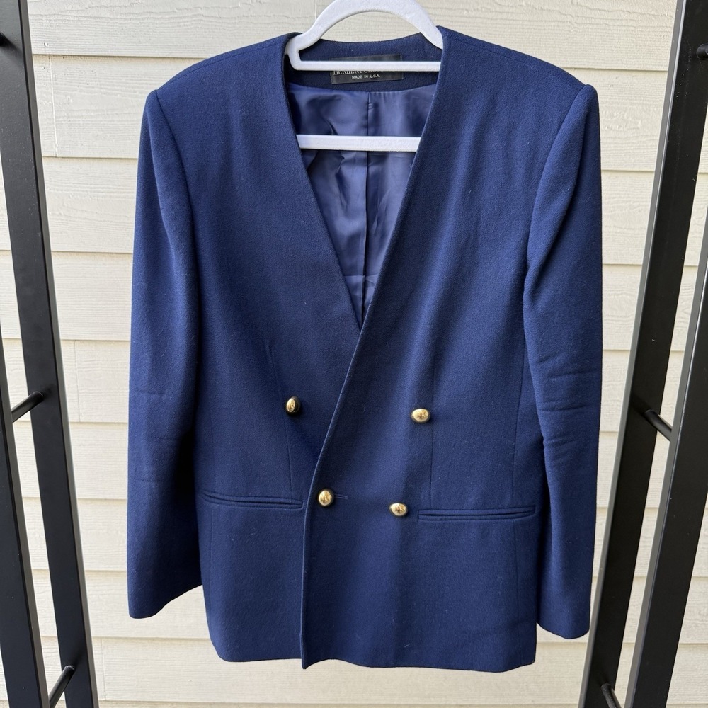Vintage Herbert Grossman Navy Blazer Gold Button Double Breasted Collarless USA‎